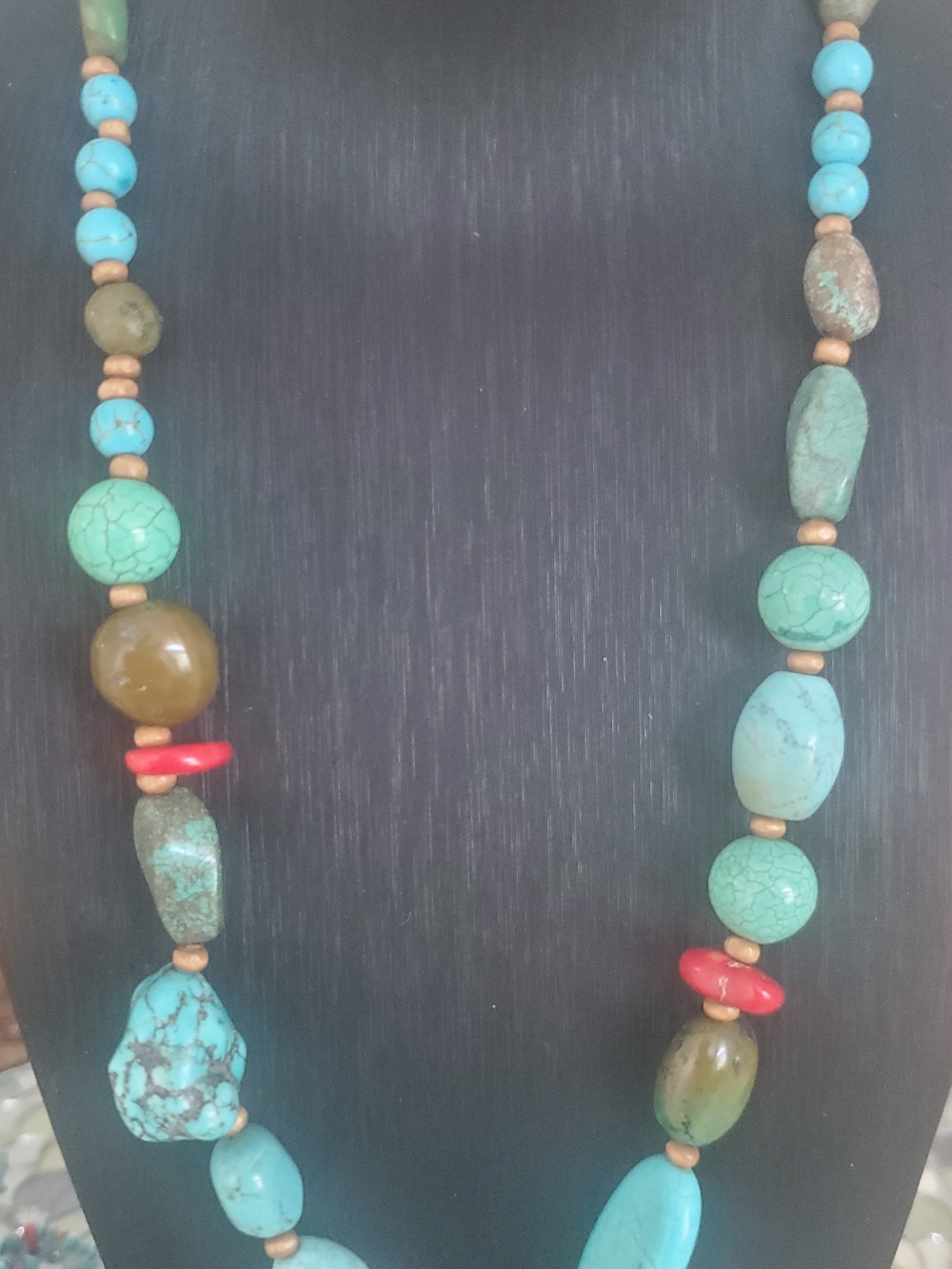 Turquoise Beaded Statement Necklace with Coral Accent  Sterling Silver Clasp 22"